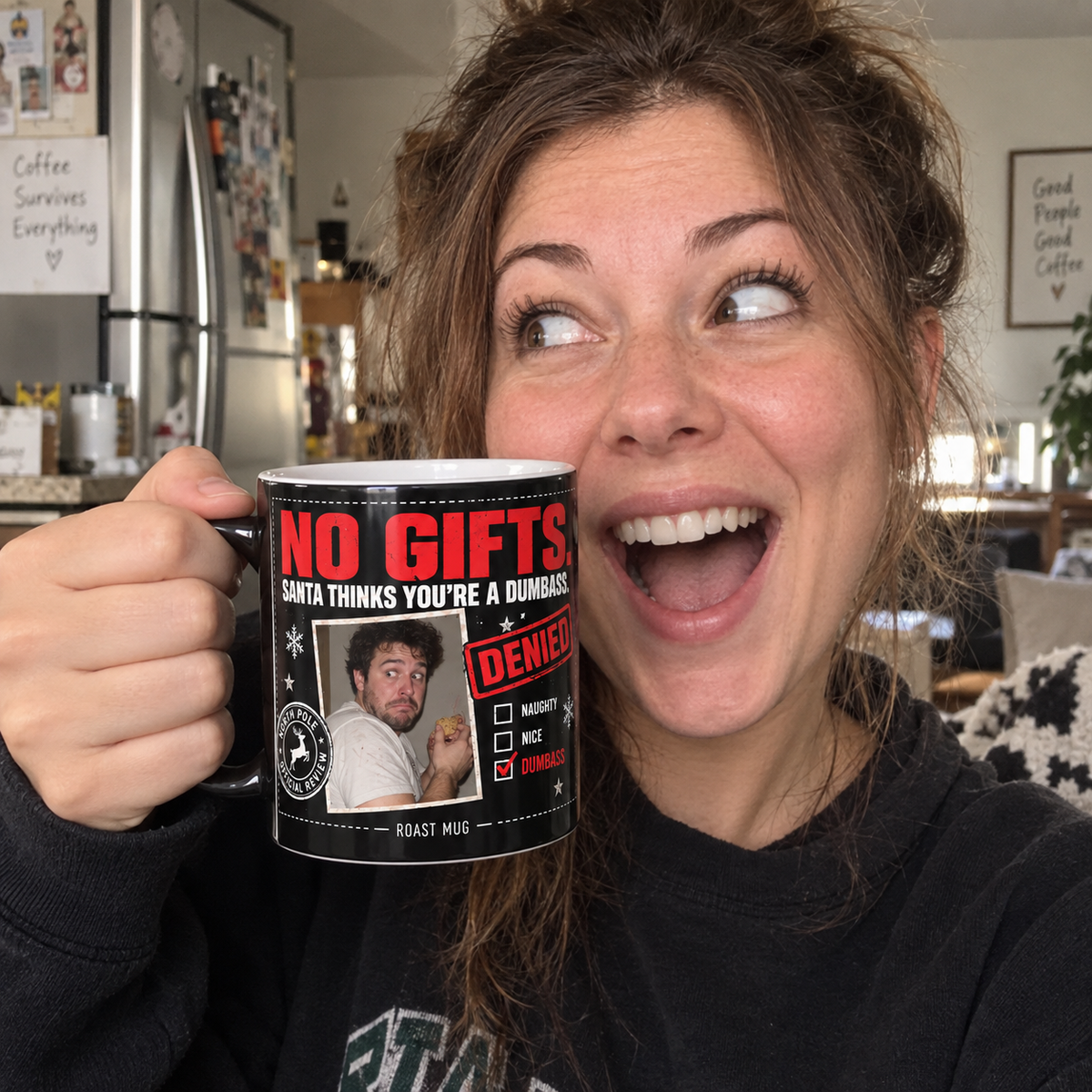 "No Gifts. Santa Thinks You're a Dumbass" Heat Reveal Christmas Mug (Personalized)
