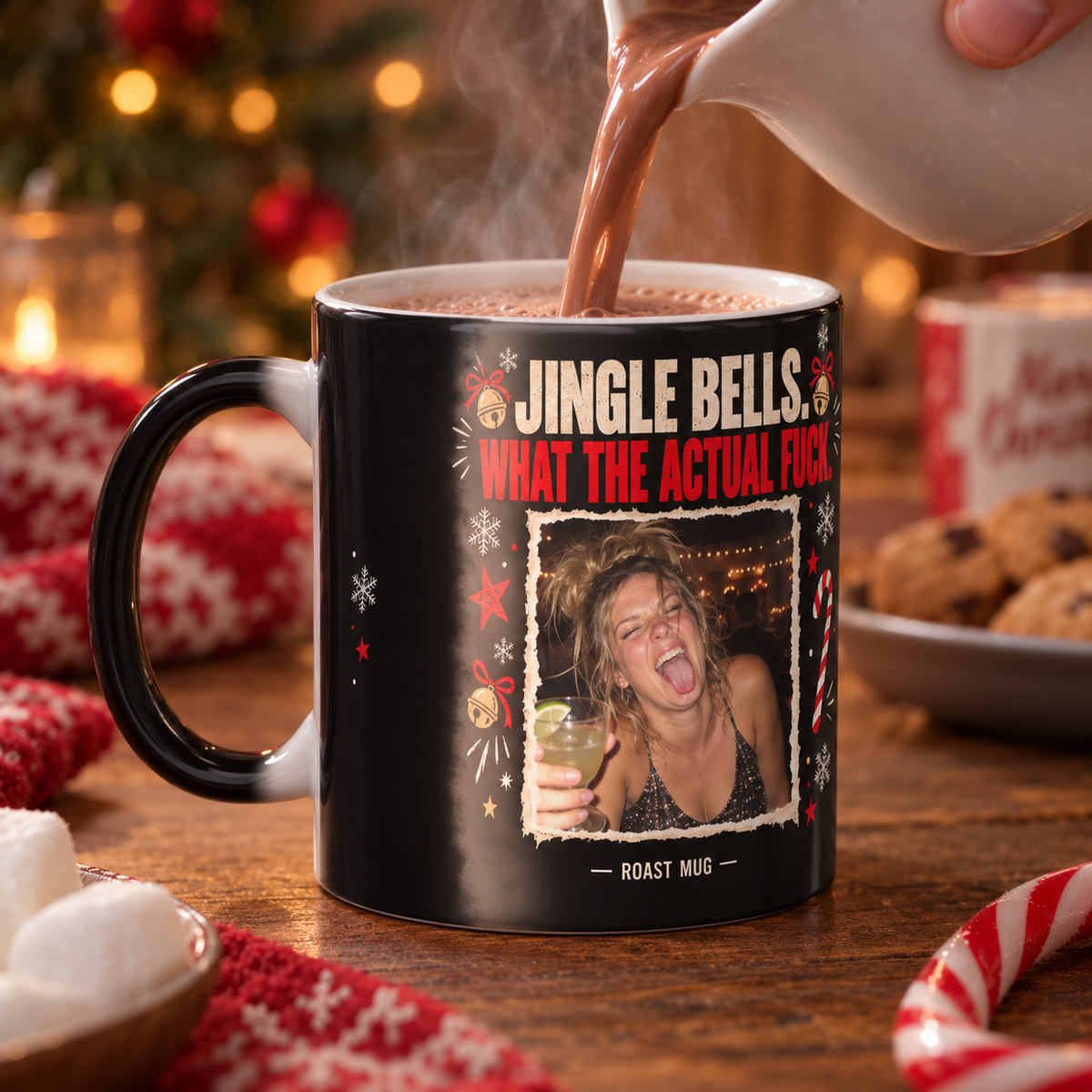 "Jingle Bells, What the Actual F—" Heat Reveal Roast Mug (Personalized)